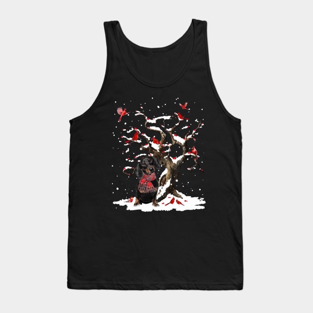 Black Dachshund Scarf Cardinal Snow Christmas Tank Top by cogemma.art